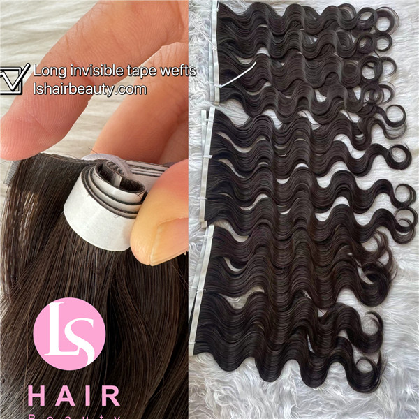 Long Invisible tape weft extension body wave European raw human hair dark brown color 