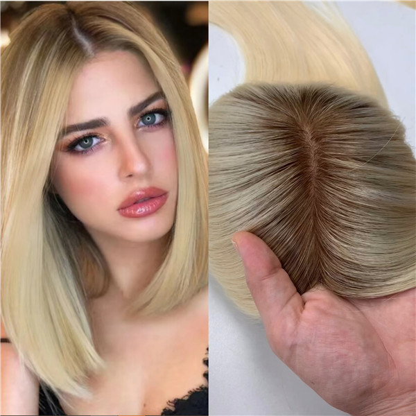 T10/613 6x6'' silk base topper European raw human hair silk base topper dark roots blonde 