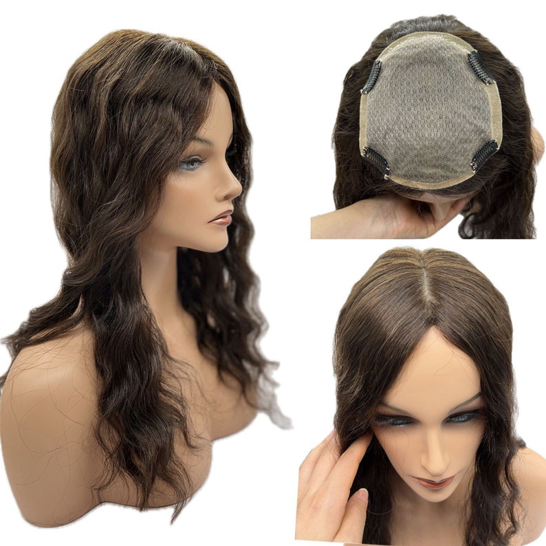 Brown color Natural wave Silk Base Women Topper with Clips Virgin Human Hair Piece Breathable