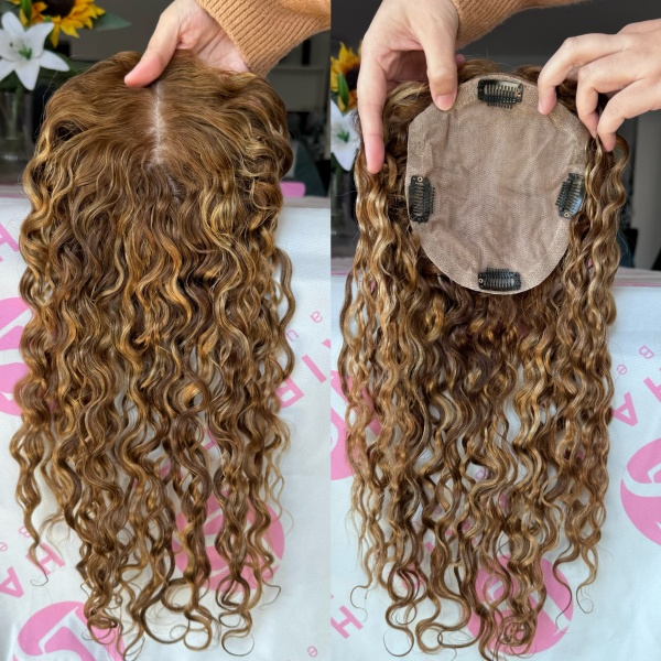 curly Short Women Toupee Clip-In silk top Topper For The Thinning Top Crown 100%  virgin Human Hair