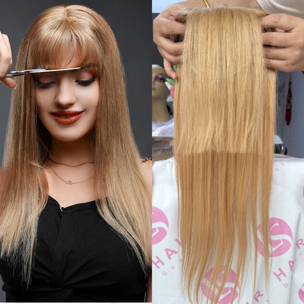 Customized honey Blond Color 5x6‘’ Silk Base topper with bangs top quality european raw hair 