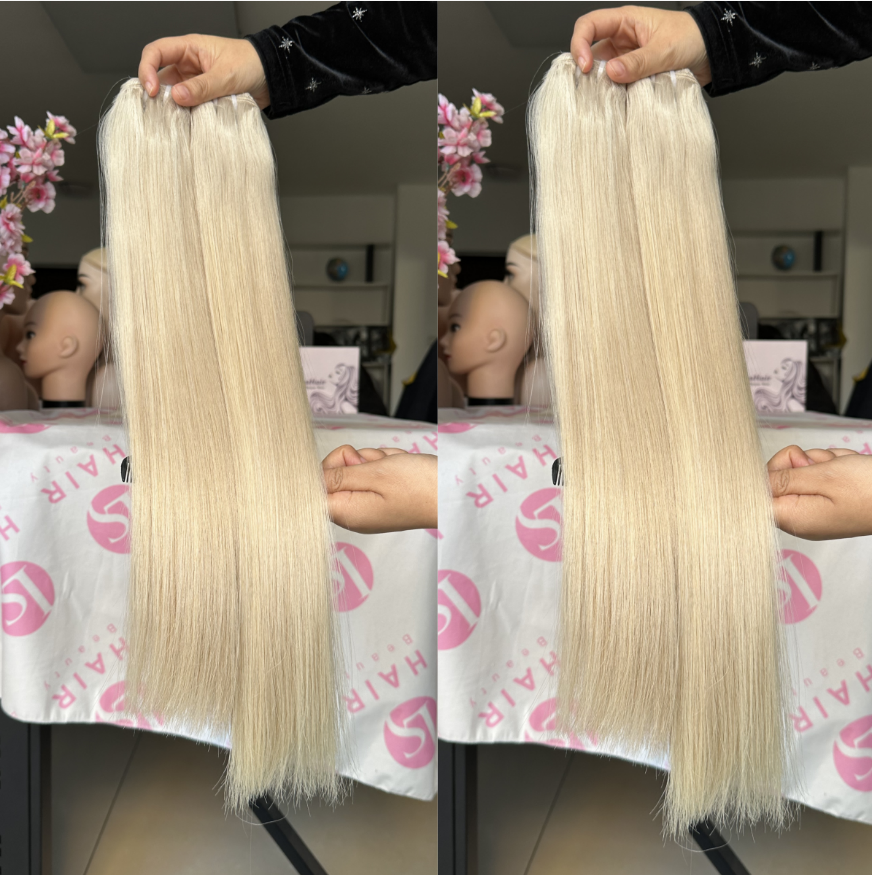 Weft Hair Extensions Human Hair Ash Blonde with Bleach Blonde Machine Made Weft