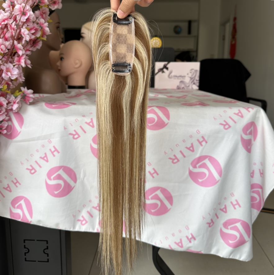 European Raw 1.5*5'' Full Hand Tied Silk Base Real Human Hair Silk Base Mini Topper for Hair Loss Alopecia Baldness