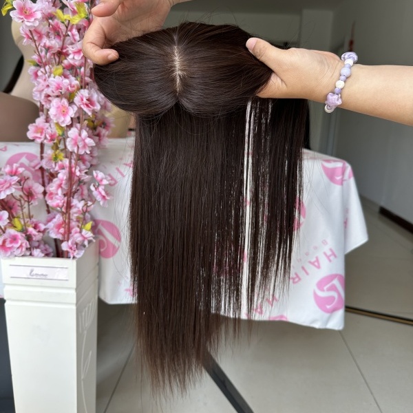100% Human Hair Dark Brown Full Handtied Silk Base Topper with Front Hair Line for Thinning Hair Female