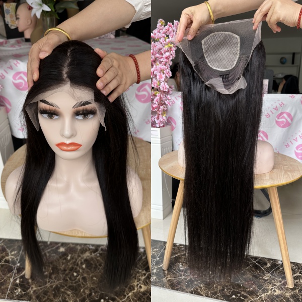 Human Hair Silk Top Wig Front Lace Hair Wigs Straight Natural Black 180% Virgin Glueless Silk Base lace front Wigs
