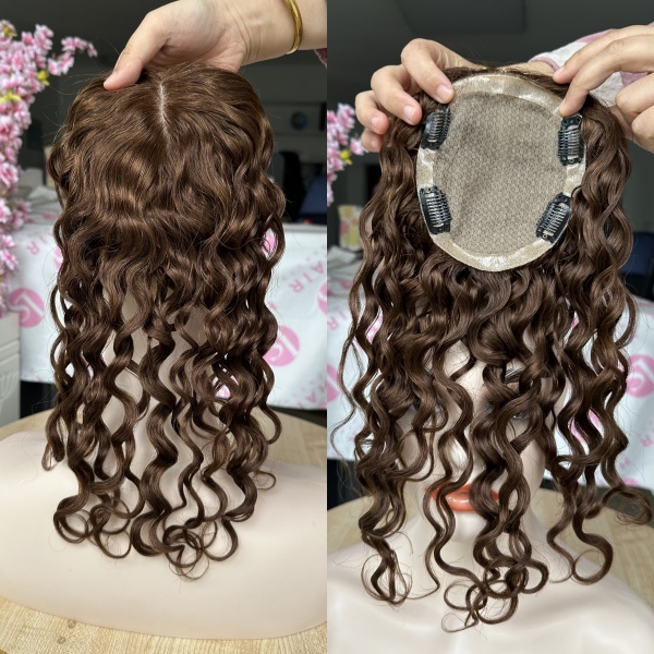 13x15cm Real Silk Base Hair Topper Virgin Remy Human Hair in Stock on Hand Hair Loss Alopecia Baldness Brown Color Curly Wavy