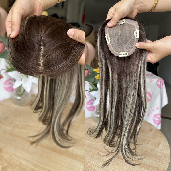Customzied Blonde Highlights 4x5” human hair silk base topper, free parting hair topper, women toppers, real scalp hair topper