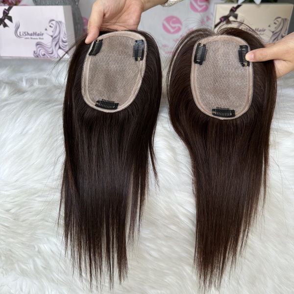9x14cm Silk Base Top Hairpiece Clip in Hair Topper for Thinning Hair Womens natural color vs dark brown 