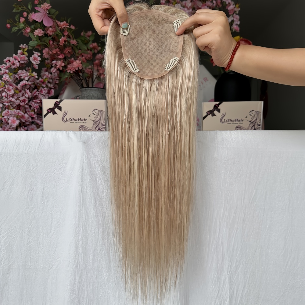 Virgin European Human Hair Cuticle Aligned Silk Base Toppers Highlights Color for White Women Toupee Topper