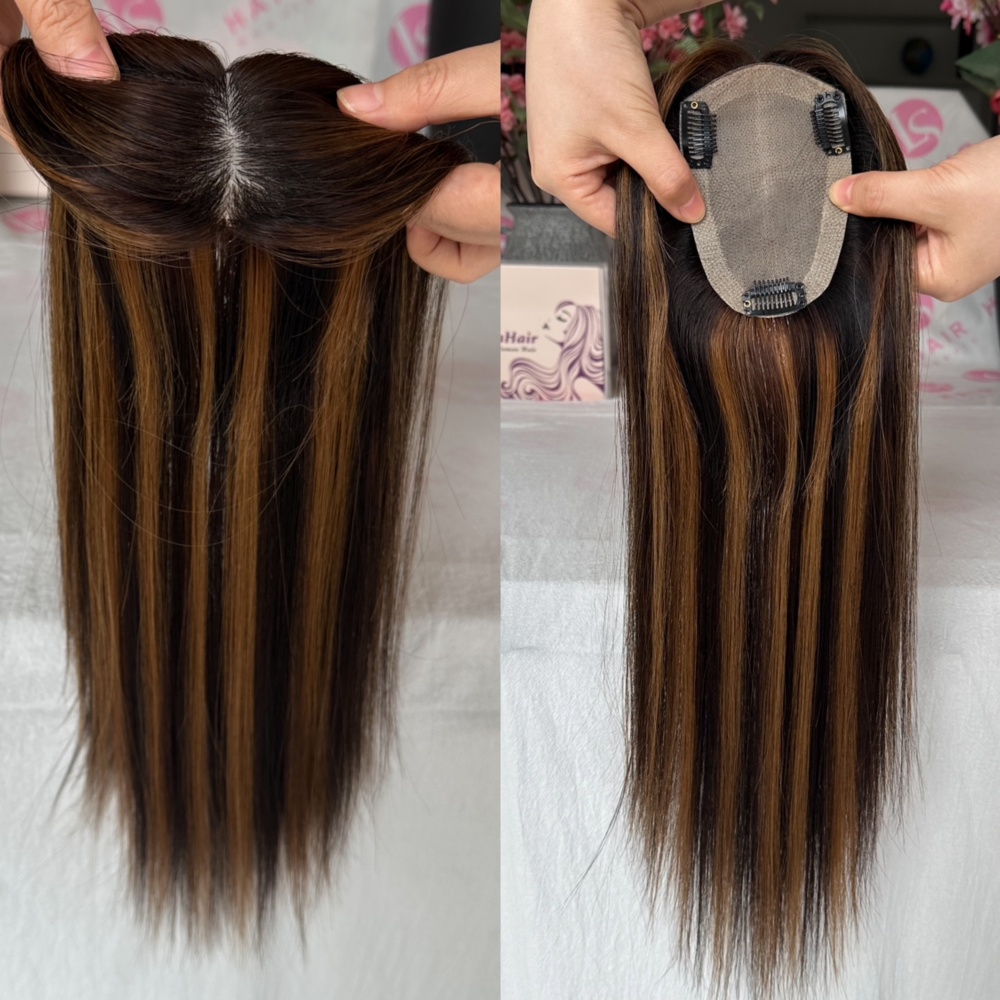 European Raw Human Hair Cuticle Aligned Silk Base Toppers Brown Black Highlights Toupee for Women White Base Comfortable Fit