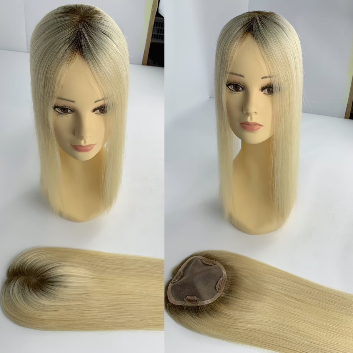 European Human Hair T3 60 Clip-in Mono Topper with Dark Roots and Blonde Color Ready to Ship for Women Thin Skin Model