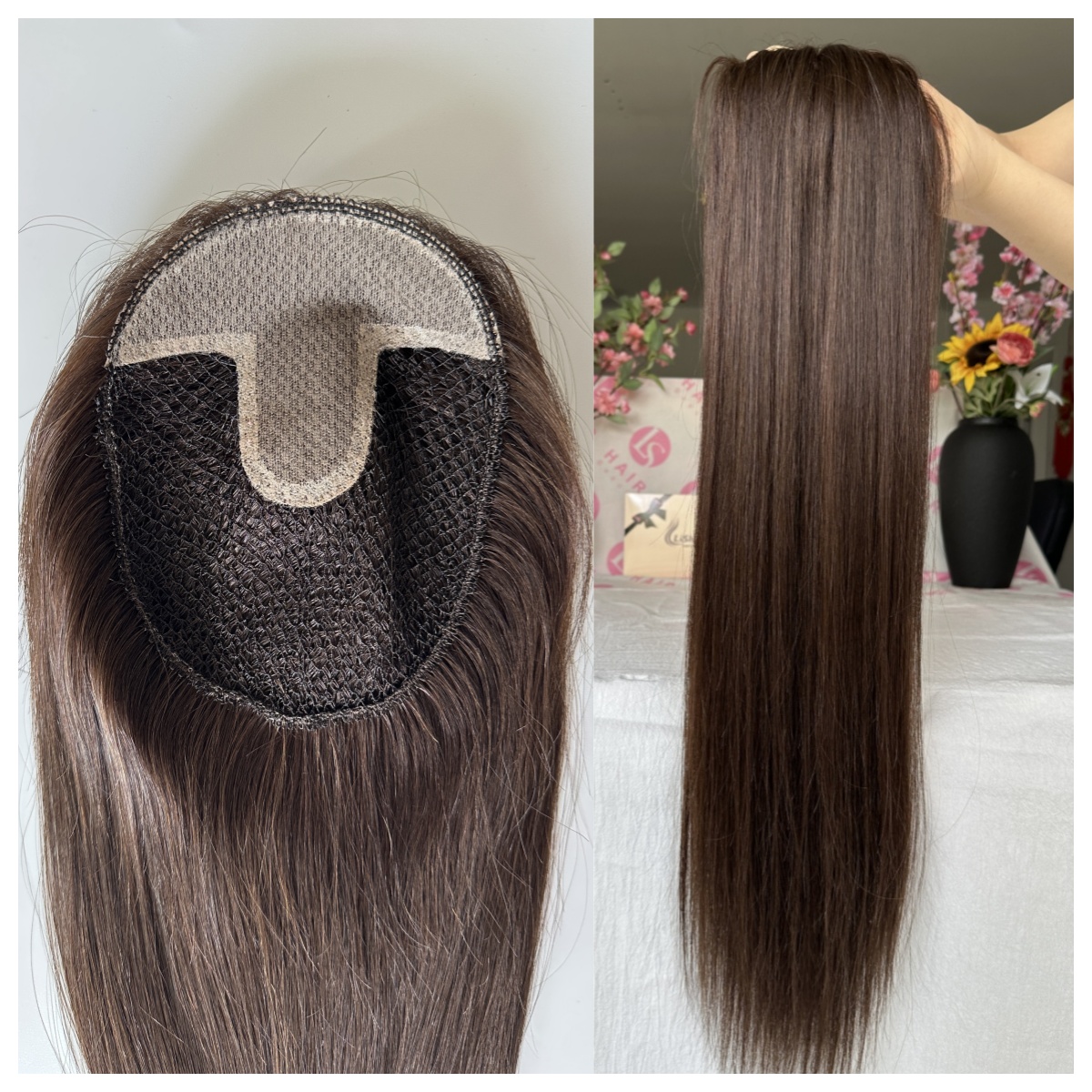 Customized 22" Long 6x6" Fishnet Topper with Silk Base Top Dark Brown Color 2 European Raw Human Hair