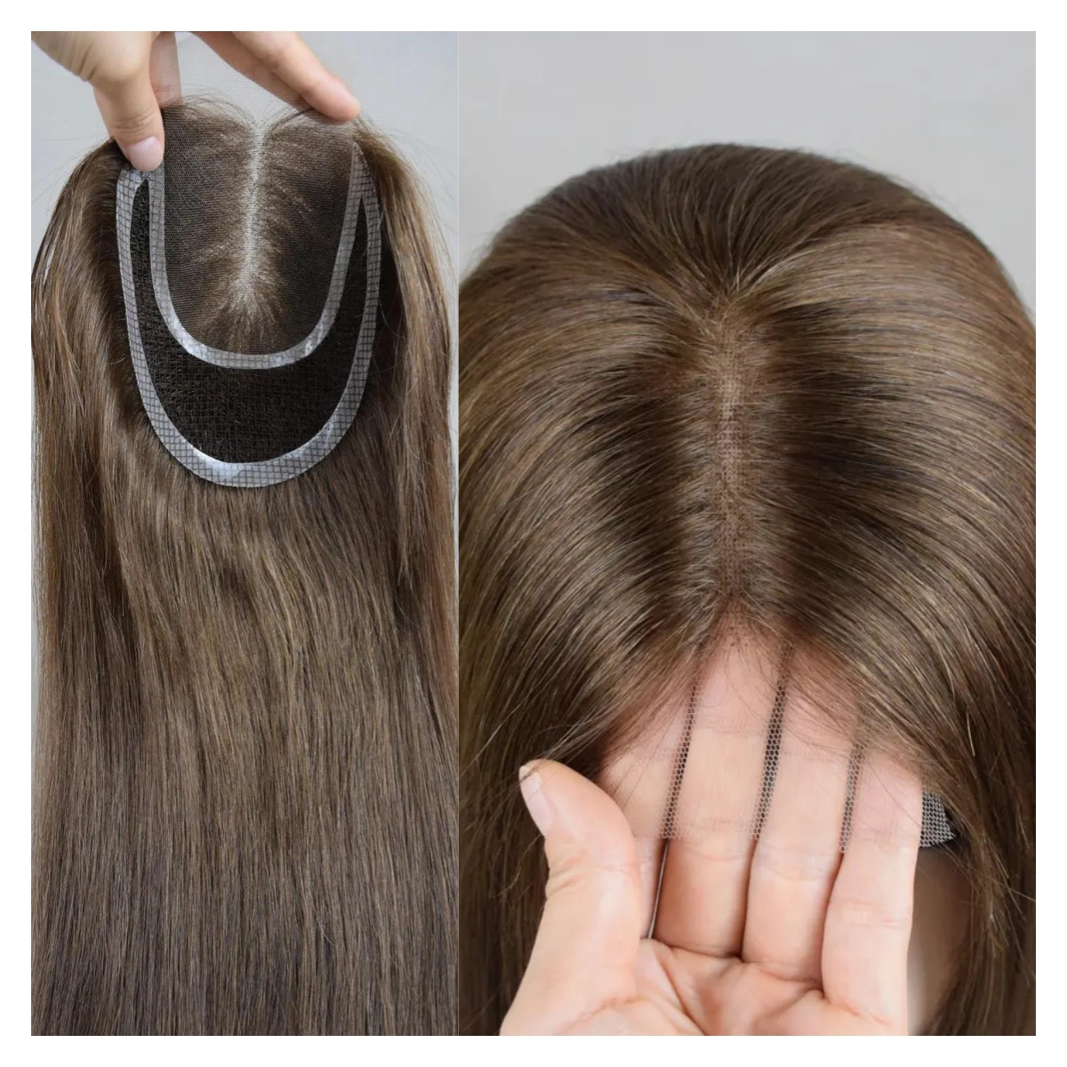 Breathable Lace PU Base Fishnet Mesh Integration Hair System Brown Human Hair Topper For Women Alopecia Hair Loss