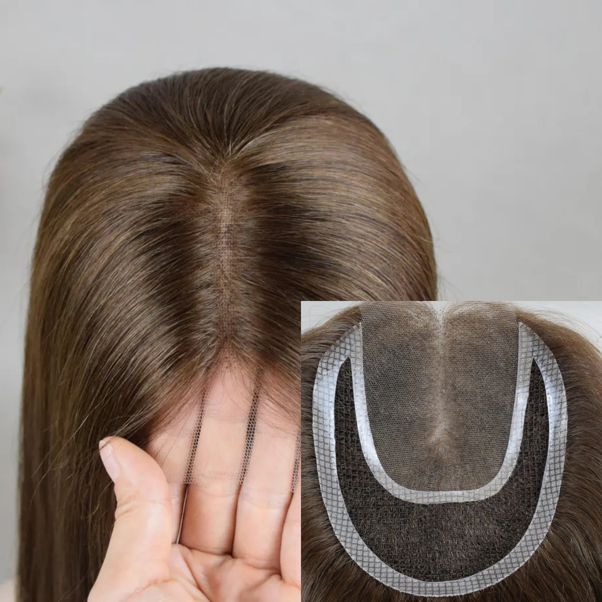 Breathable Lace PU Base Fishnet Mesh Integration Hair System Brown Human Hair Topper For Women Alopecia Hair Loss