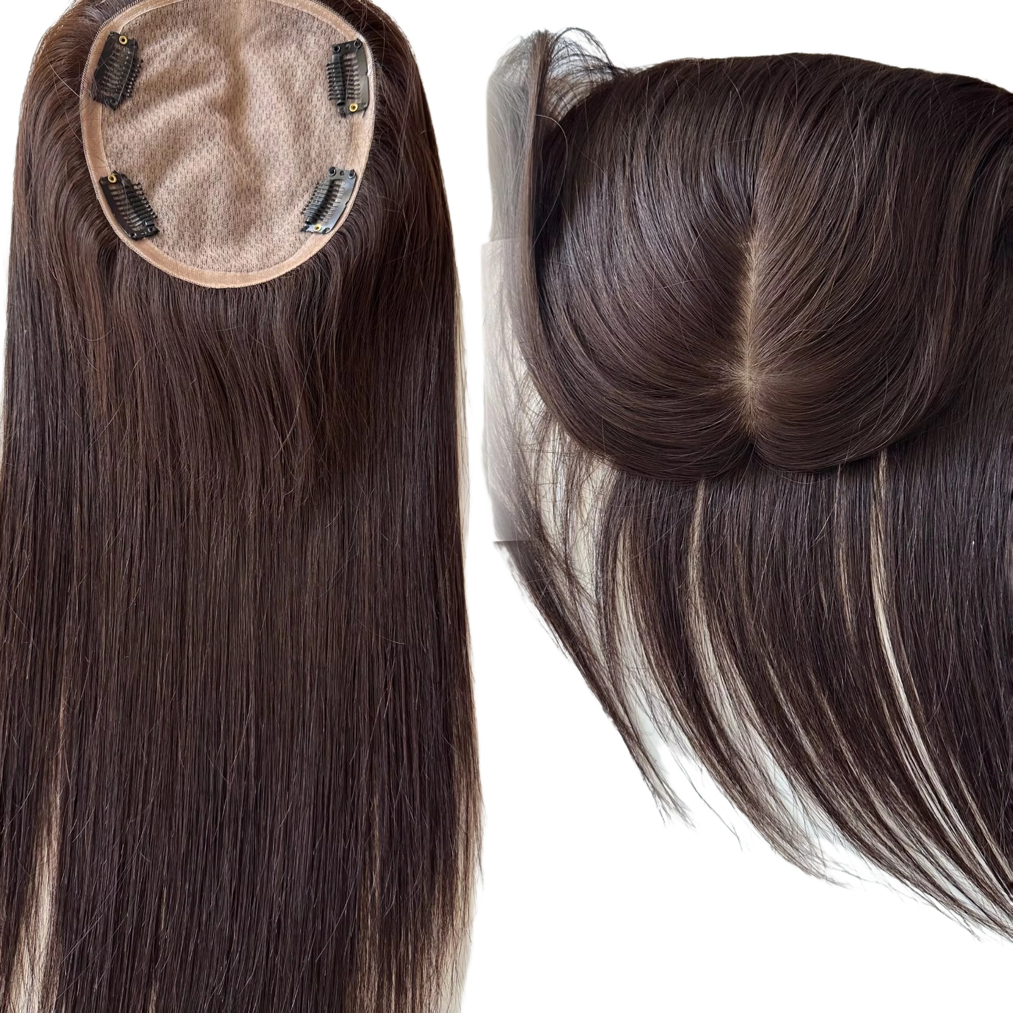 Silk Base Hair Topper with Clips Dark Brown Color 13x15cm Silk Base Topper 16 Inch Straight Virgin Human Hair for Women