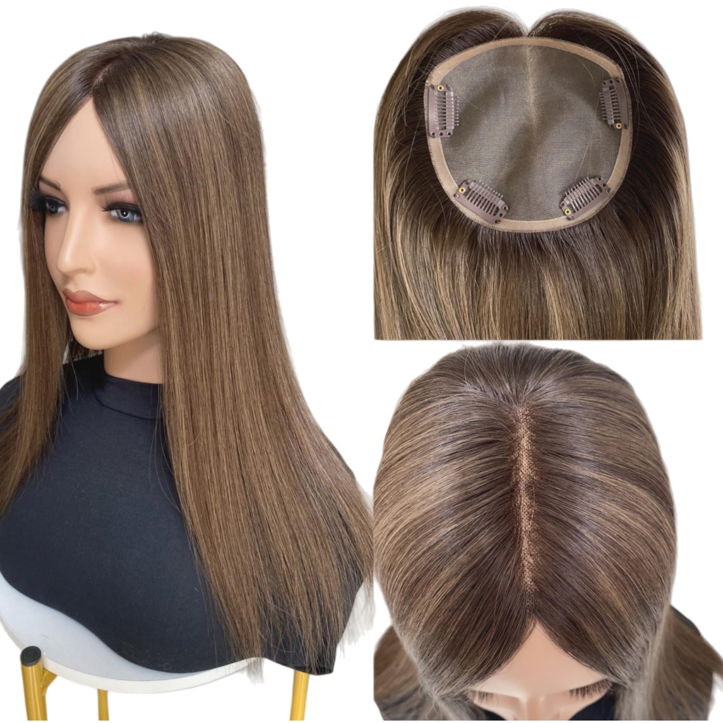 European Remy Human Hair Brown Highlights Invisible Mono Topper Piece Hand Tied for Women Thinning