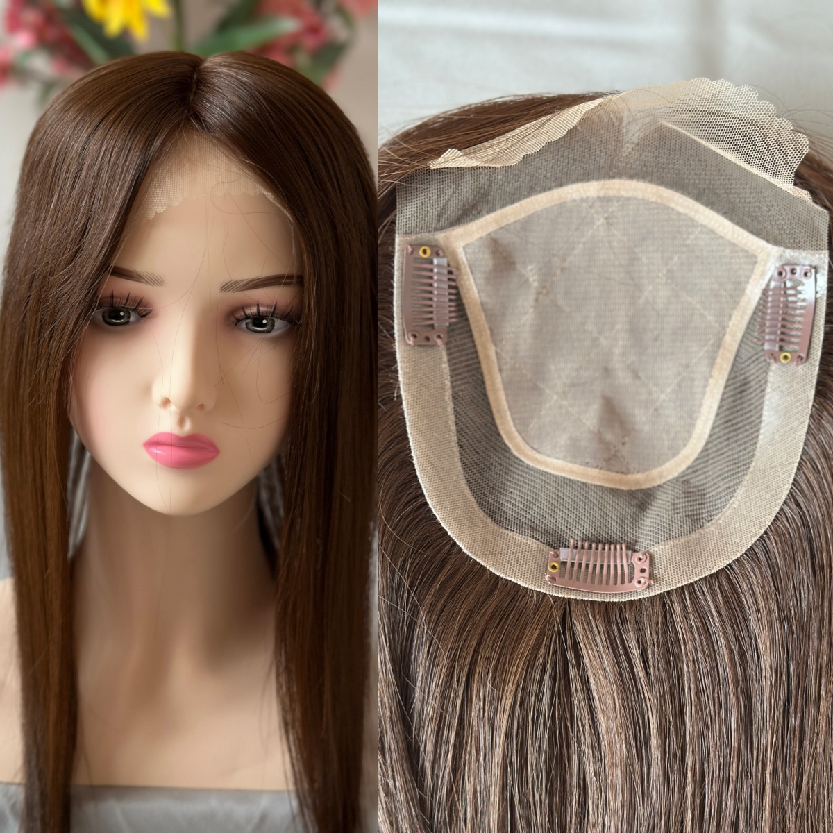 5.5x6'' women human hair lace topper with silk topper base Medium Brown Color