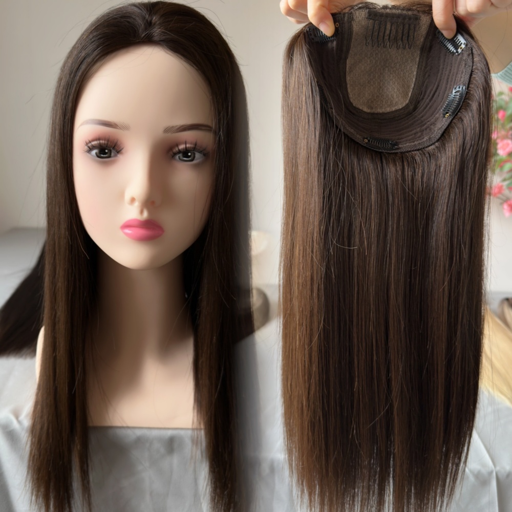 6x7 Dark Brown Color Silk Base Topper With Weft for Women Clip in Hair Topper
