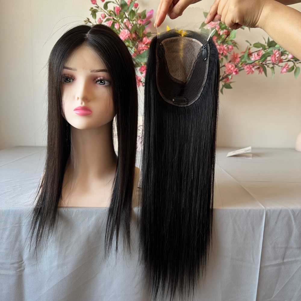 European Virgin Hair Topper with Natural Scalp 16in Length 6x7 Inch Silk Base Lace Front Hand Tied Weft