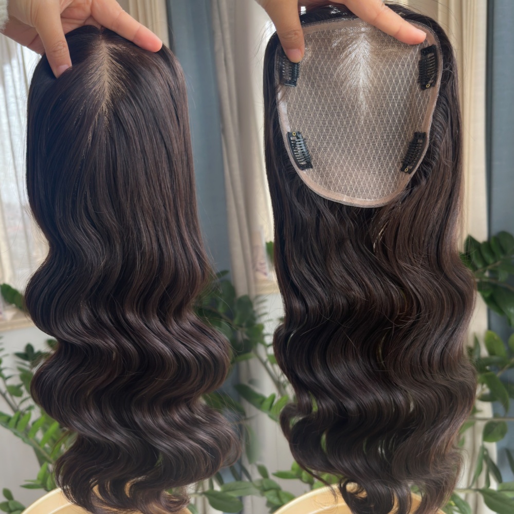Dark Brown Color 100% Remy Human Hair 18inch 14x16cm Silk Base Topper Body Wave Style 1b for Female Hair Loss with Clips