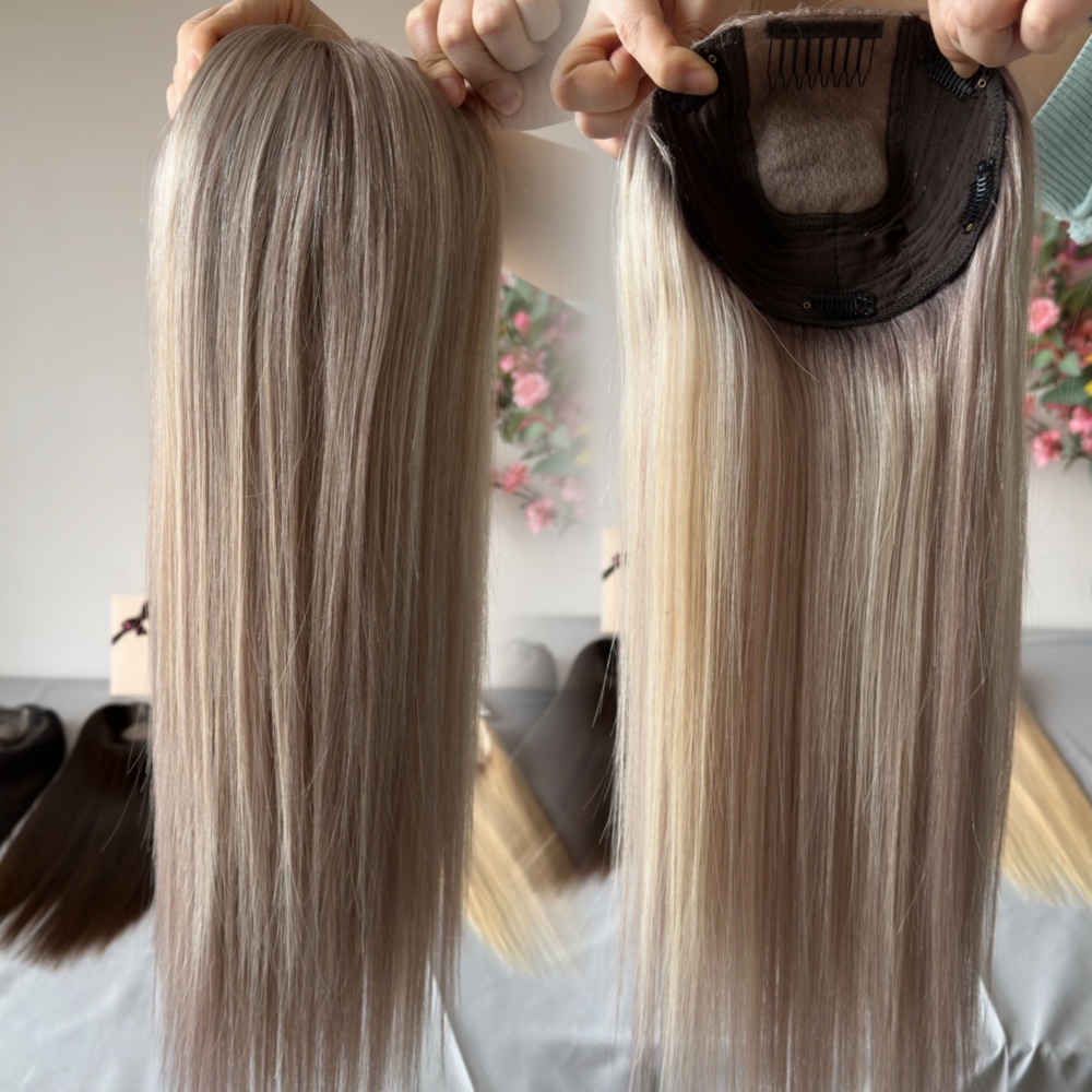 Ready to Ship Silk Top With Machine Wefted Mini Wig High Density Russian Human Hair Ash Blonde Color 