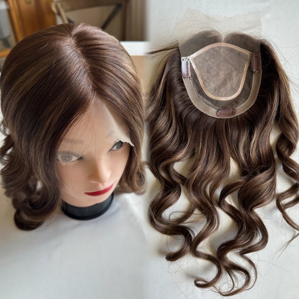 Wavy Virgin Human Hair Highlights Brown Color Silk Top Base Hairpiece Hand-tied Silk Base Topper for Hair Loss Women
