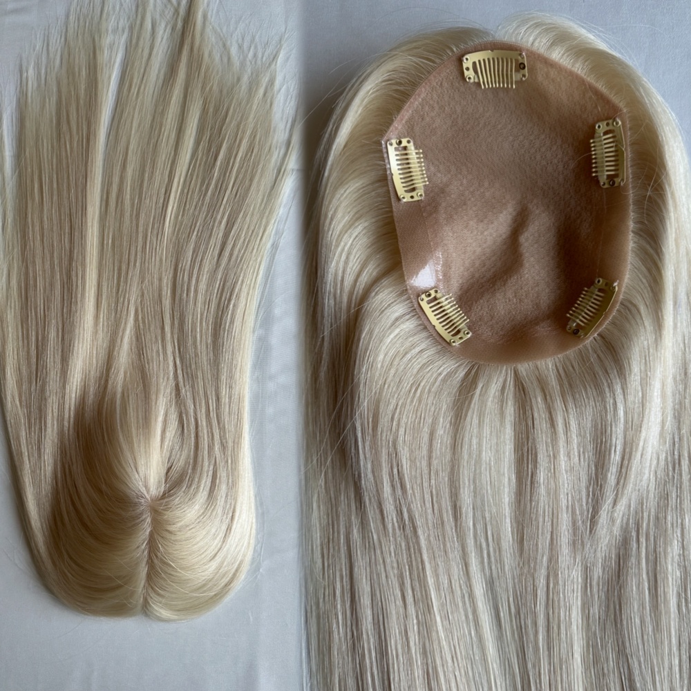Ice Blonde Color European Remy Hair 5*7 Full Silk Base with Comb Women Human Hair Topper for Salon