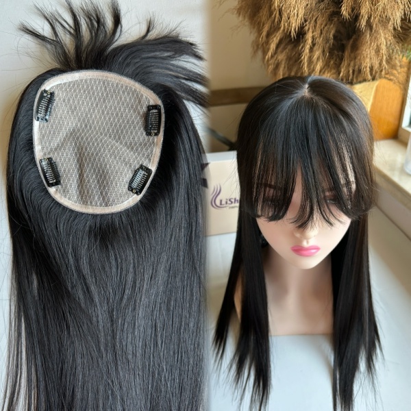 Wholesale Factory Hair Supplier 100% Virgin Natural Women Toupee Hot Sales Silk Base Toppers with Straight Bang