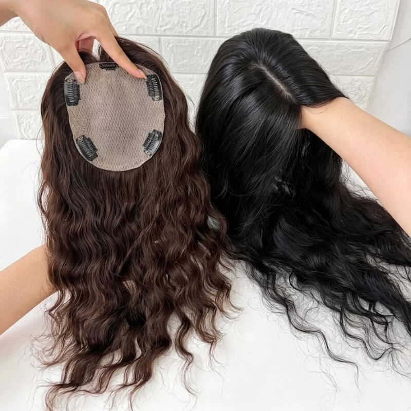 12x14cm Full Silk Base Human Hair Topper Natural Wave, Free Part Style, 10A Remy Human Hair Topper for Women Thinning Hair,