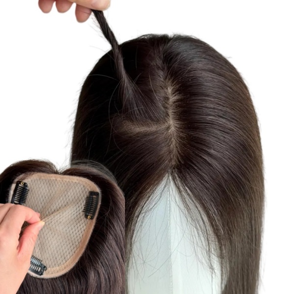 12×14cm Silk Base Topper Human Hair Hand Tied Black / Brown Clip In Silk Topper 