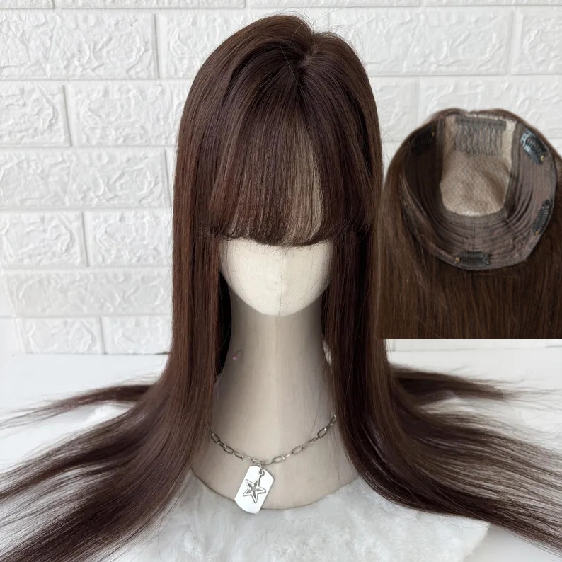 6"x7'' Silk Top With Weft Back Virgin Human Hair Topper with Bangs