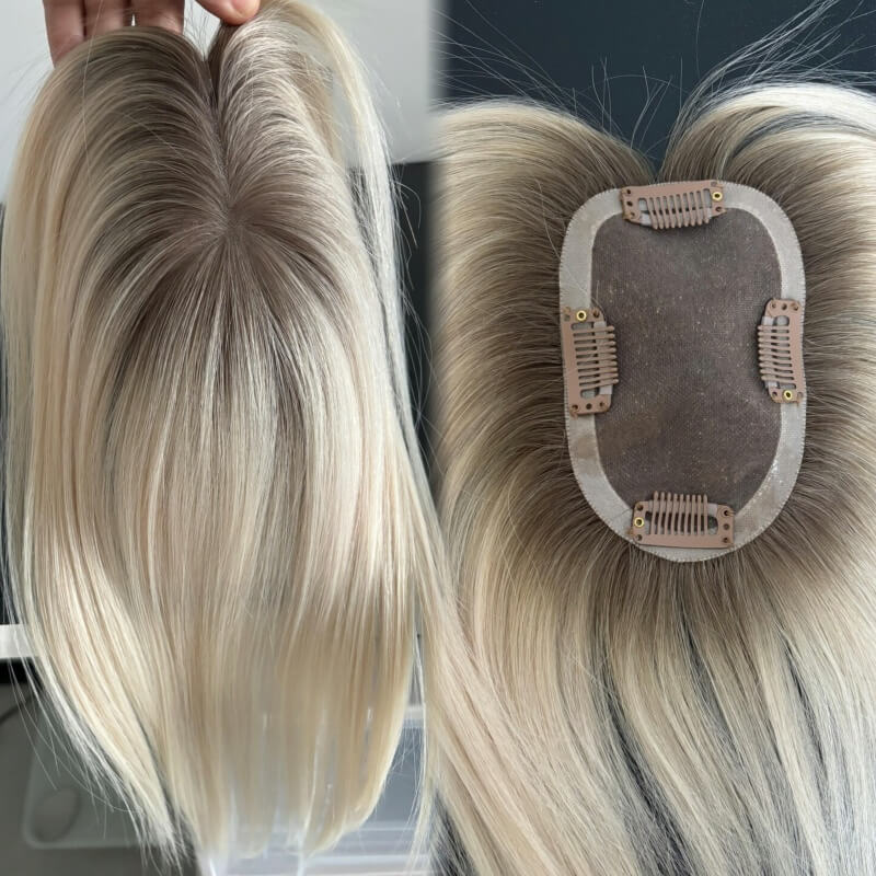3x5” European Virgin Human Hair Topper, Platinum Blonde with Silver Grey Roots, Natural Hairline