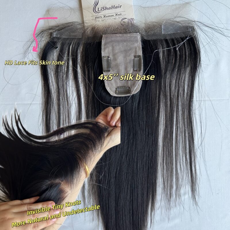 Invisible Tiny Knots 16" Human Hair Topper 4"×5" Inch Silk Base with 13"×1" HD Lace Front Human Hair Topper  | Seamless Coverage for Wide Parting & Thinning Crown 16" Natural Black
