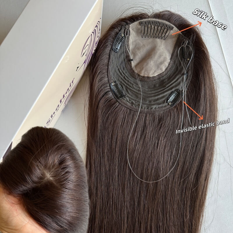 Virgin Brazilian Human Hair 8x8 Inch Silk Base Topper with 180% Density Parted Design Small Single Knots