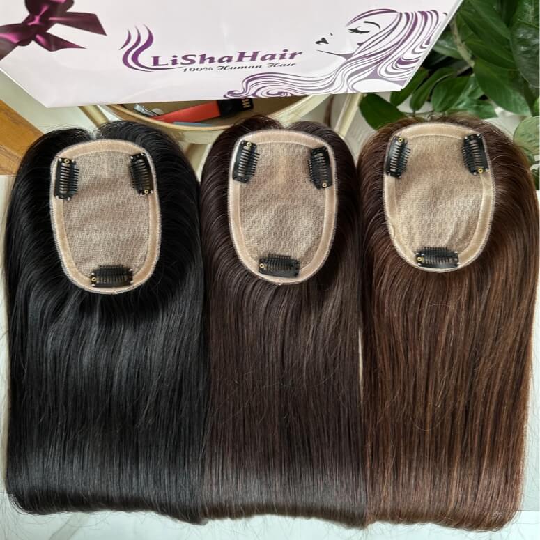 8×12cm Silk Base Topper Human Hair Hand Tied Natural Black and Brown Clip In Silk Topper 