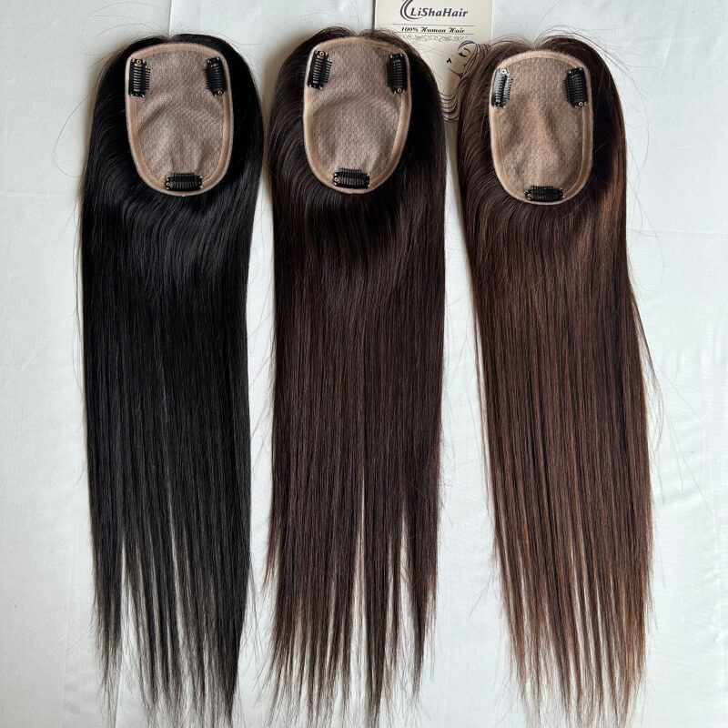 8×12cm Silk Base Topper Human Hair Hand Tied Natural Black and Brown Clip In Silk Topper 