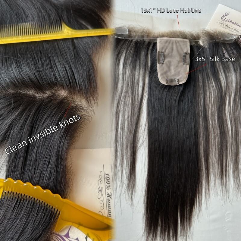 Invisible Tiny Knots 16" Human Hair Topper 3"×5" Inch Silk Base with 13"×1" HD Lace Front Human Hair Topper  | Seamless Coverage for Wide Parting & Thinning Crown 16" Natural Black