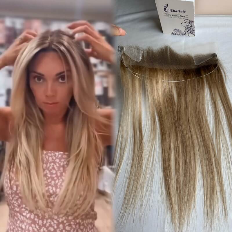 Hairline Topper String 11X2 HD Medium Length Ash Blonde Balayage Color Virgin European Hair