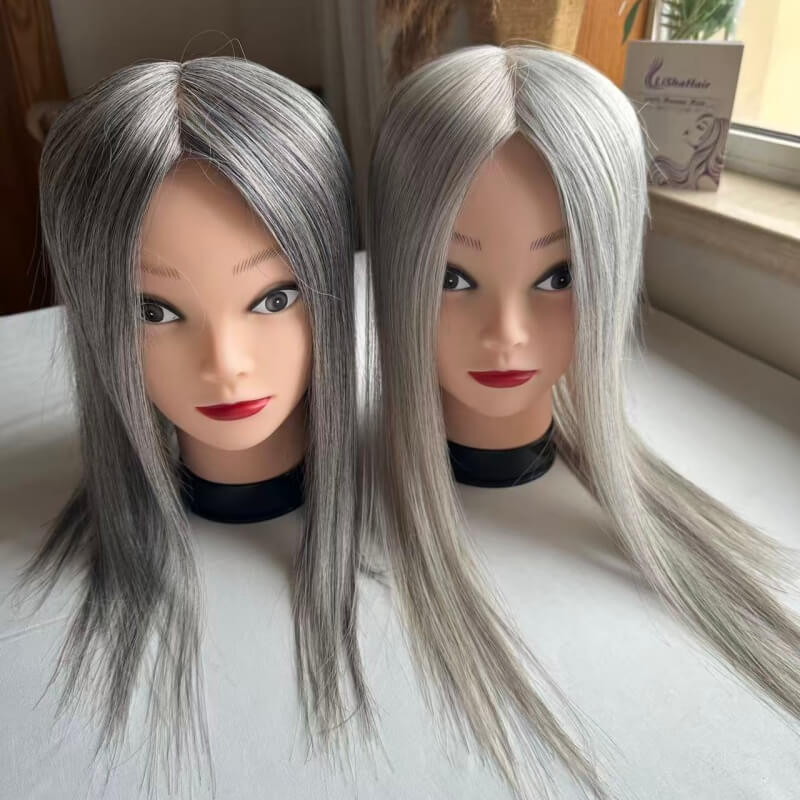 5.5x6” European Virgin Human Hair Mono Topper, Salt and pepper color, Natural Hairline